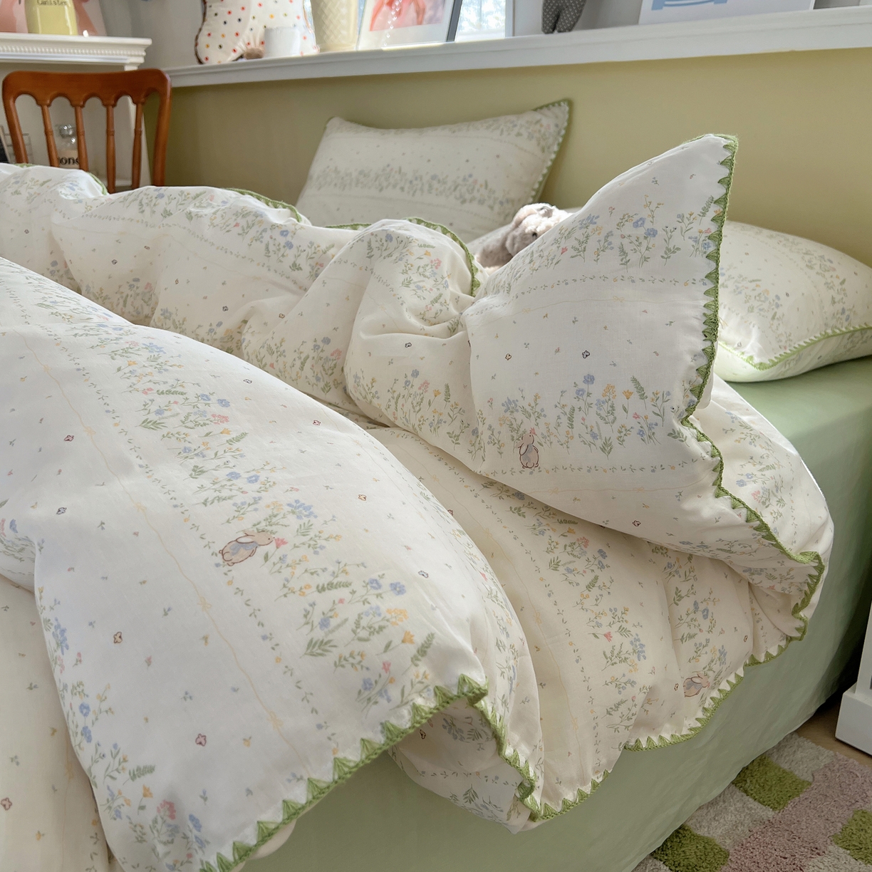 91家纺网 家纺一手货源 找家纺 典曼家纺 2026新款全棉纯棉有氧双层纱贝壳边四件套 贝壳边陌上花开