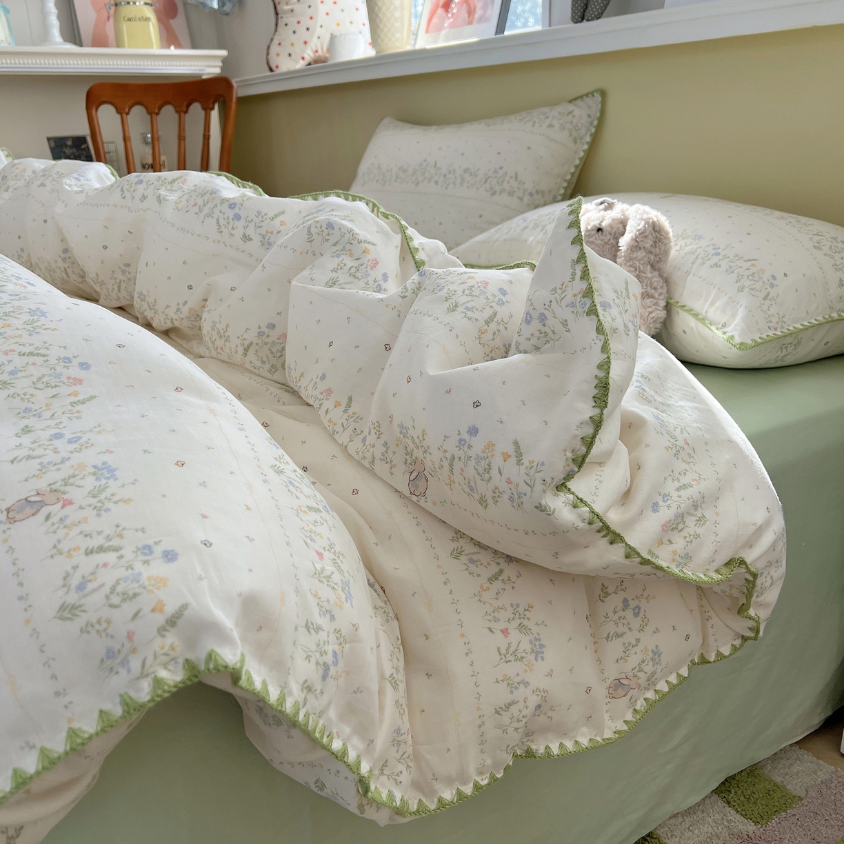 91家纺网 家纺一手货源 找家纺 典曼家纺 2026新款全棉纯棉有氧双层纱贝壳边四件套 贝壳边陌上花开