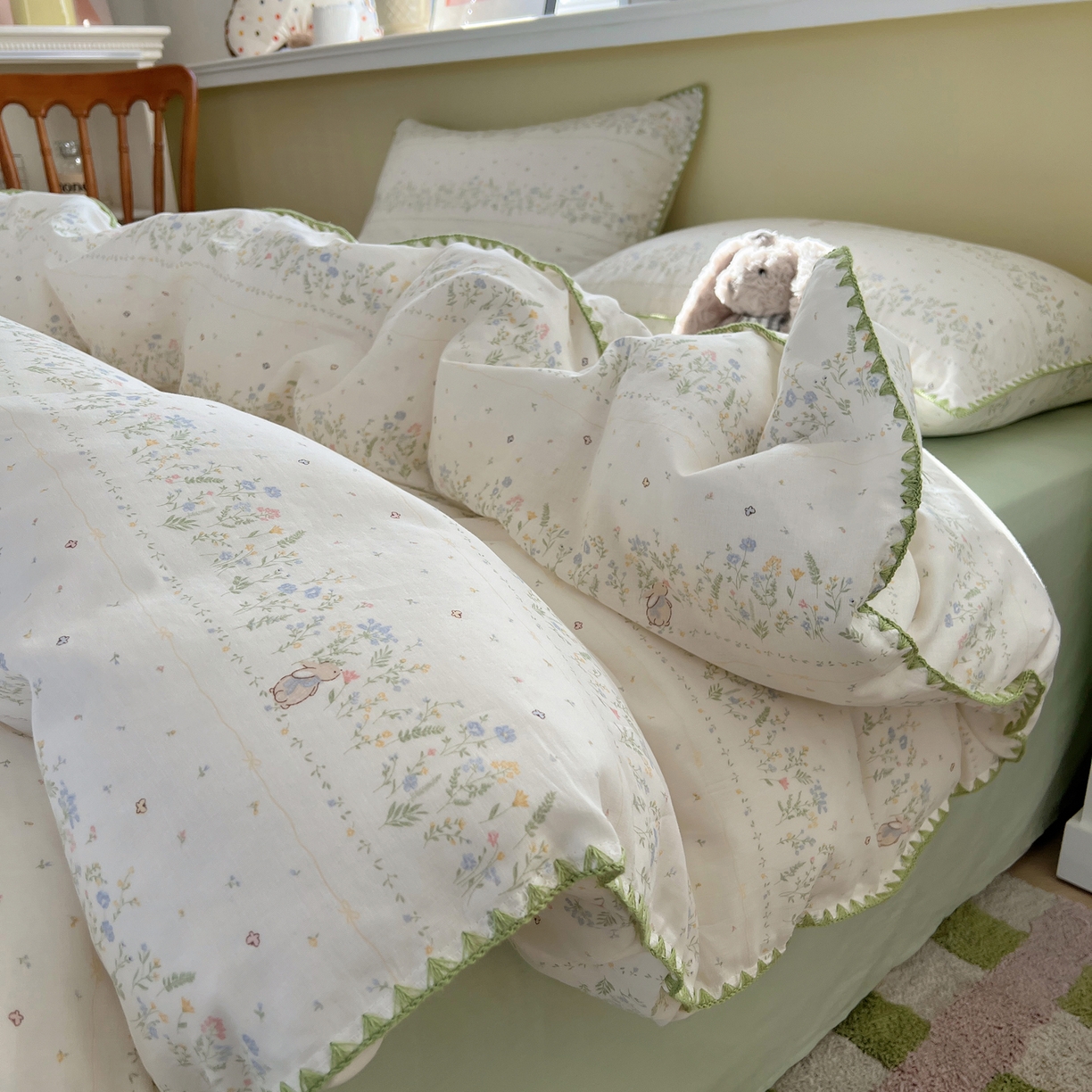 91家纺网 家纺一手货源 找家纺 典曼家纺 2026新款全棉纯棉有氧双层纱贝壳边四件套 贝壳边陌上花开