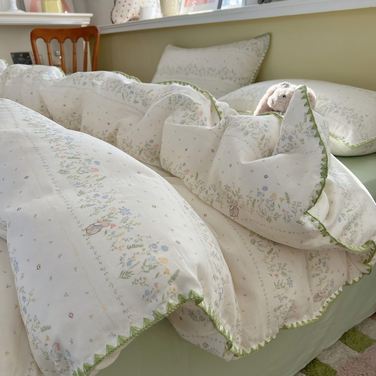 91家纺网 家纺一手货源 找家纺 典曼家纺 2026新款全棉纯棉有氧双层纱贝壳边四件套 贝壳边陌上花开