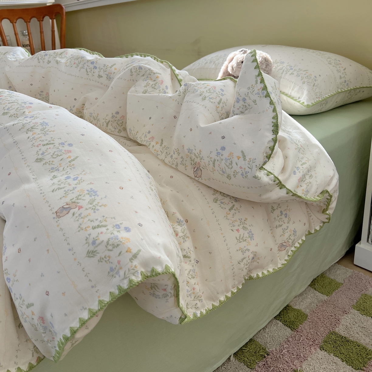 91家纺网 家纺一手货源 找家纺 典曼家纺 2026新款全棉纯棉有氧双层纱贝壳边四件套 贝壳边陌上花开