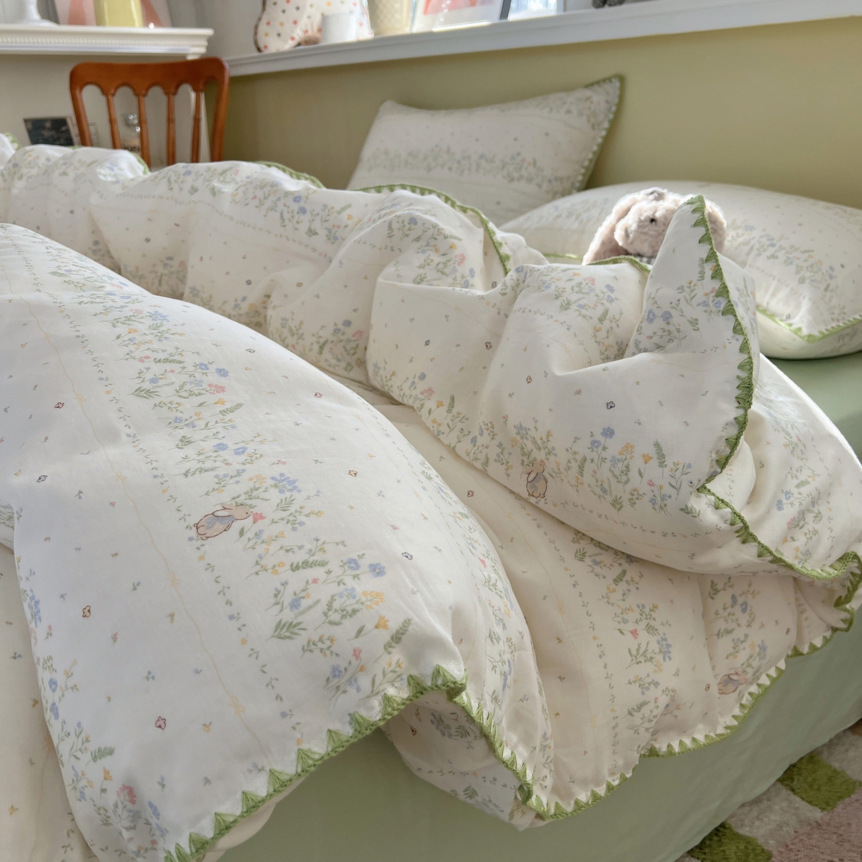 91家纺网 家纺一手货源 找家纺 典曼家纺 2026新款全棉纯棉有氧双层纱贝壳边四件套 贝壳边陌上花开