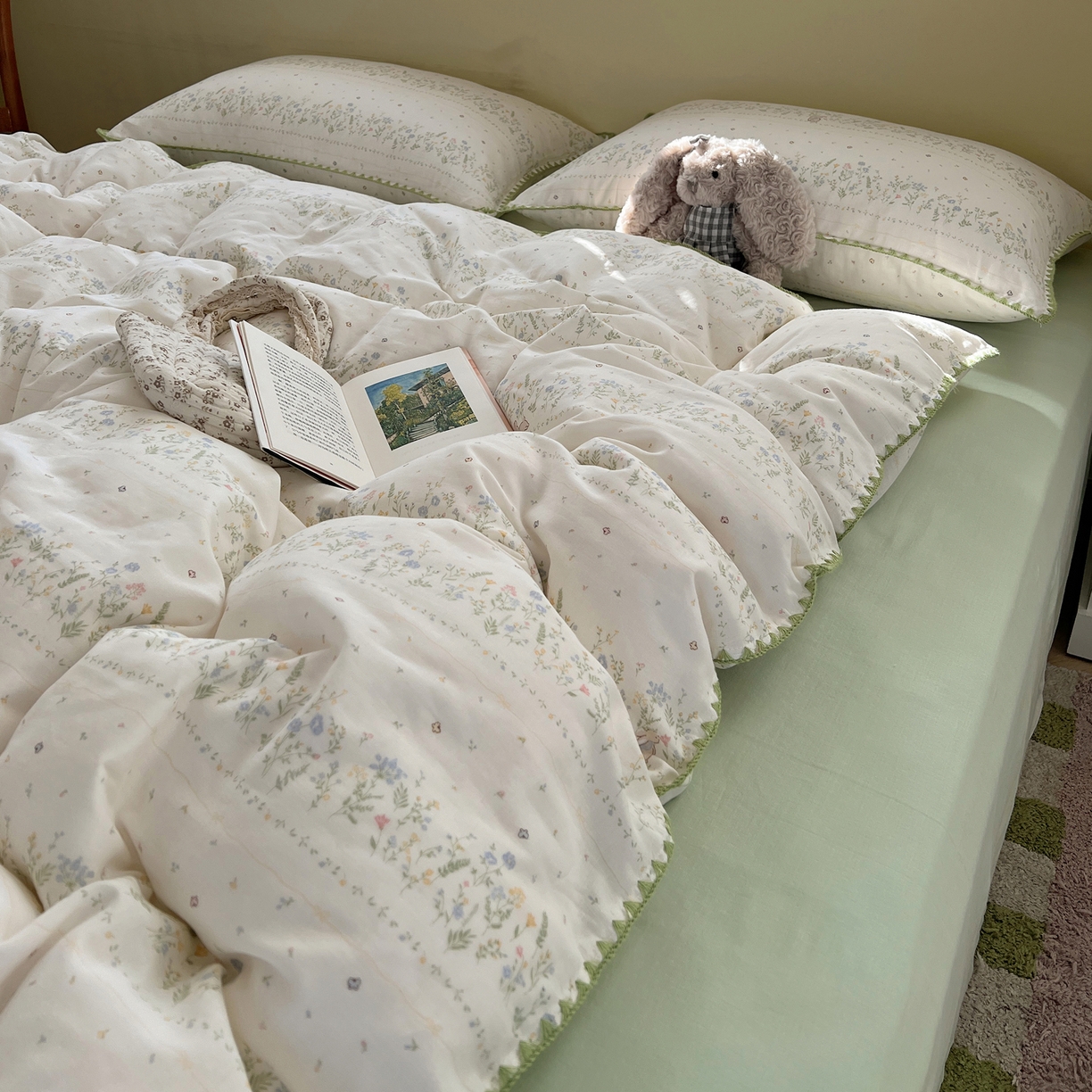 91家纺网 家纺一手货源 找家纺 典曼家纺 2026新款全棉纯棉有氧双层纱贝壳边四件套 贝壳边陌上花开