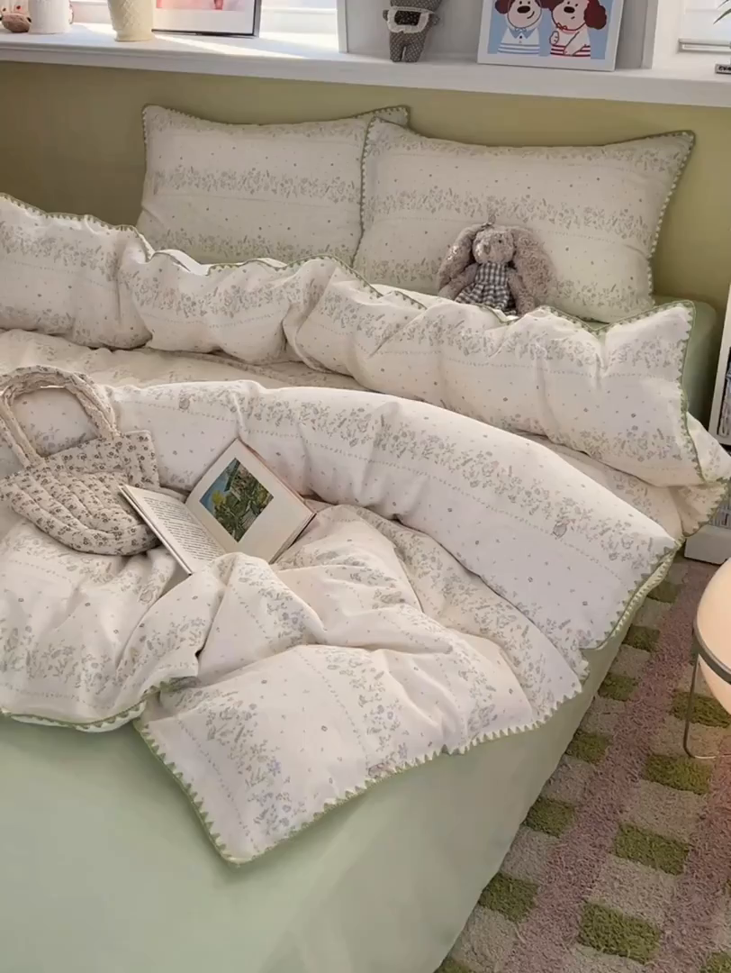 91家纺网 家纺一手货源 找家纺 典曼家纺 2026新款全棉纯棉有氧双层纱贝壳边四件套 贝壳边陌上花开