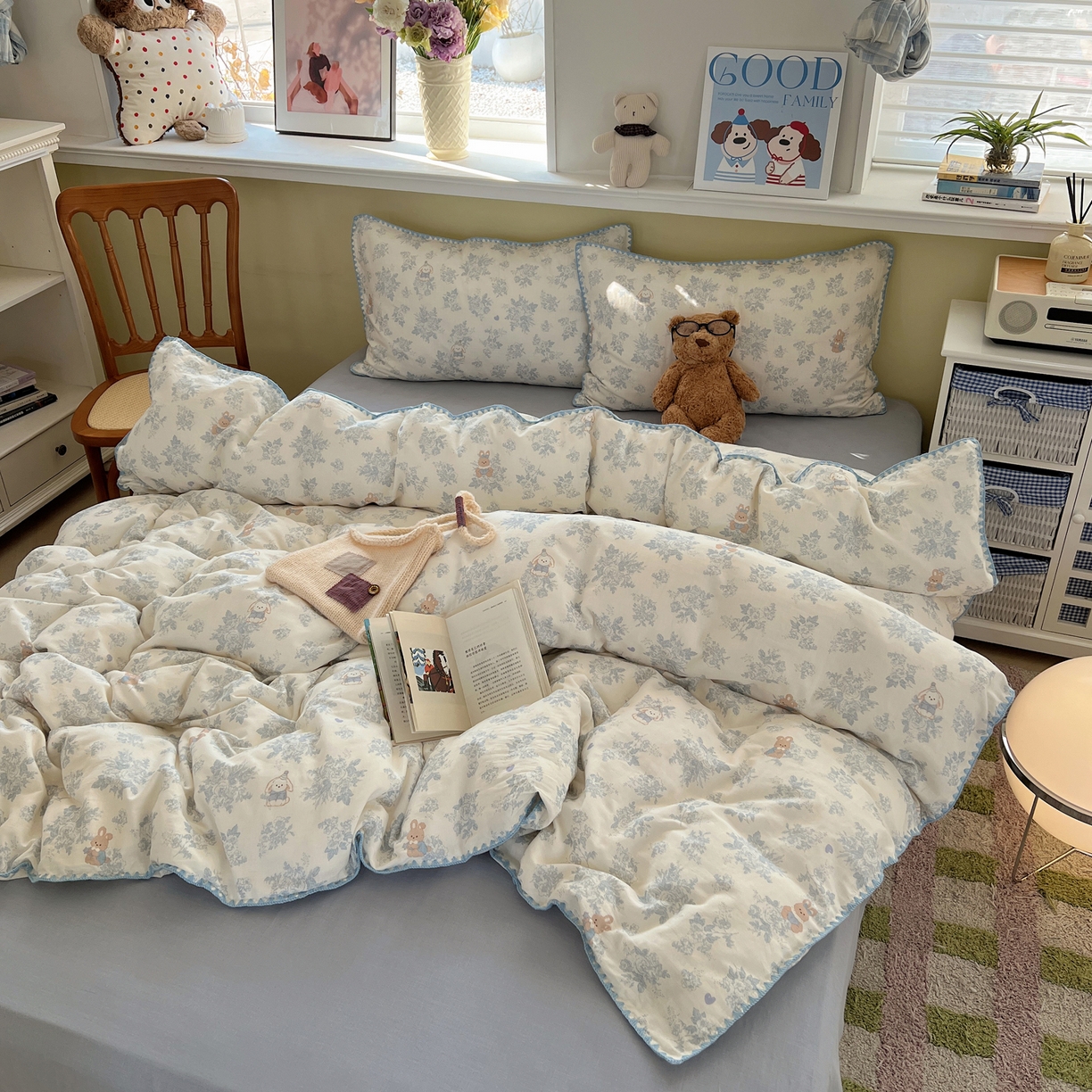 91家纺网 家纺一手货源 找家纺 典曼家纺 2026新款全棉纯棉有氧双层纱贝壳边四件套 贝壳边森林兔