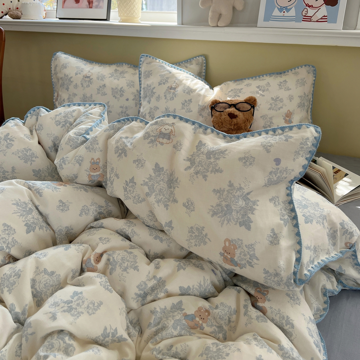 91家纺网 家纺一手货源 找家纺 典曼家纺 2026新款全棉纯棉有氧双层纱贝壳边四件套 贝壳边森林兔