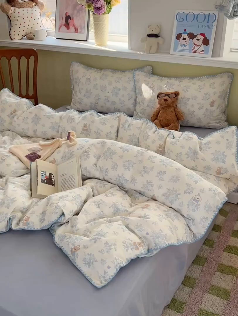 91家纺网 家纺一手货源 找家纺 典曼家纺 2026新款全棉纯棉有氧双层纱贝壳边四件套 贝壳边森林兔
