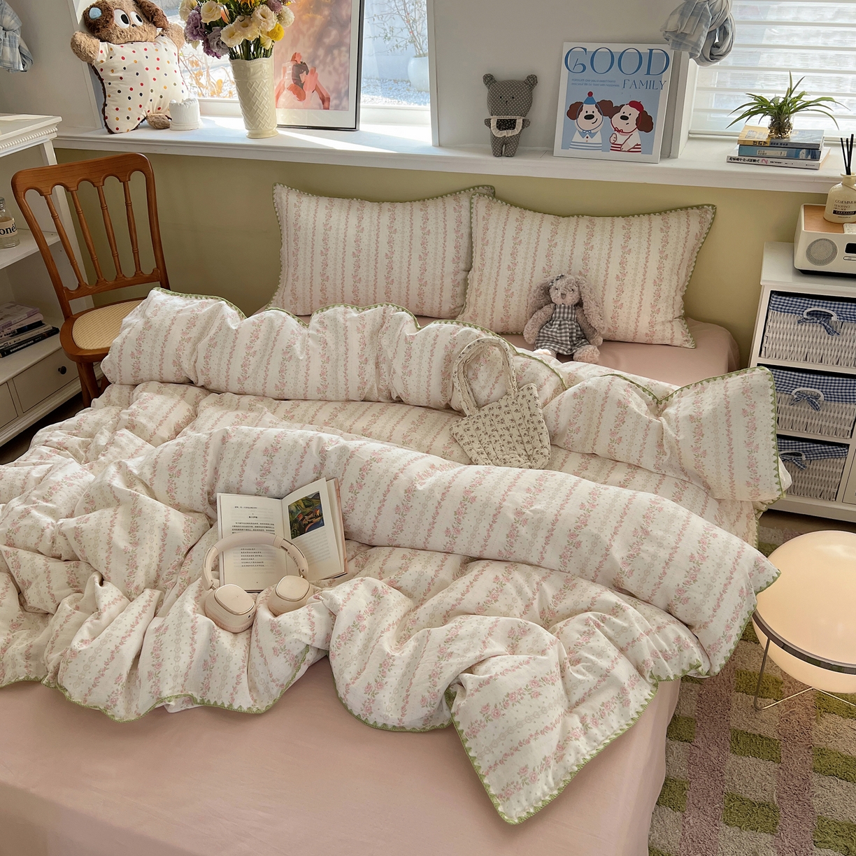 91家纺网 家纺一手货源 找家纺 典曼家纺 2026新款全棉纯棉有氧双层纱贝壳边四件套 贝壳边亭亭玉立