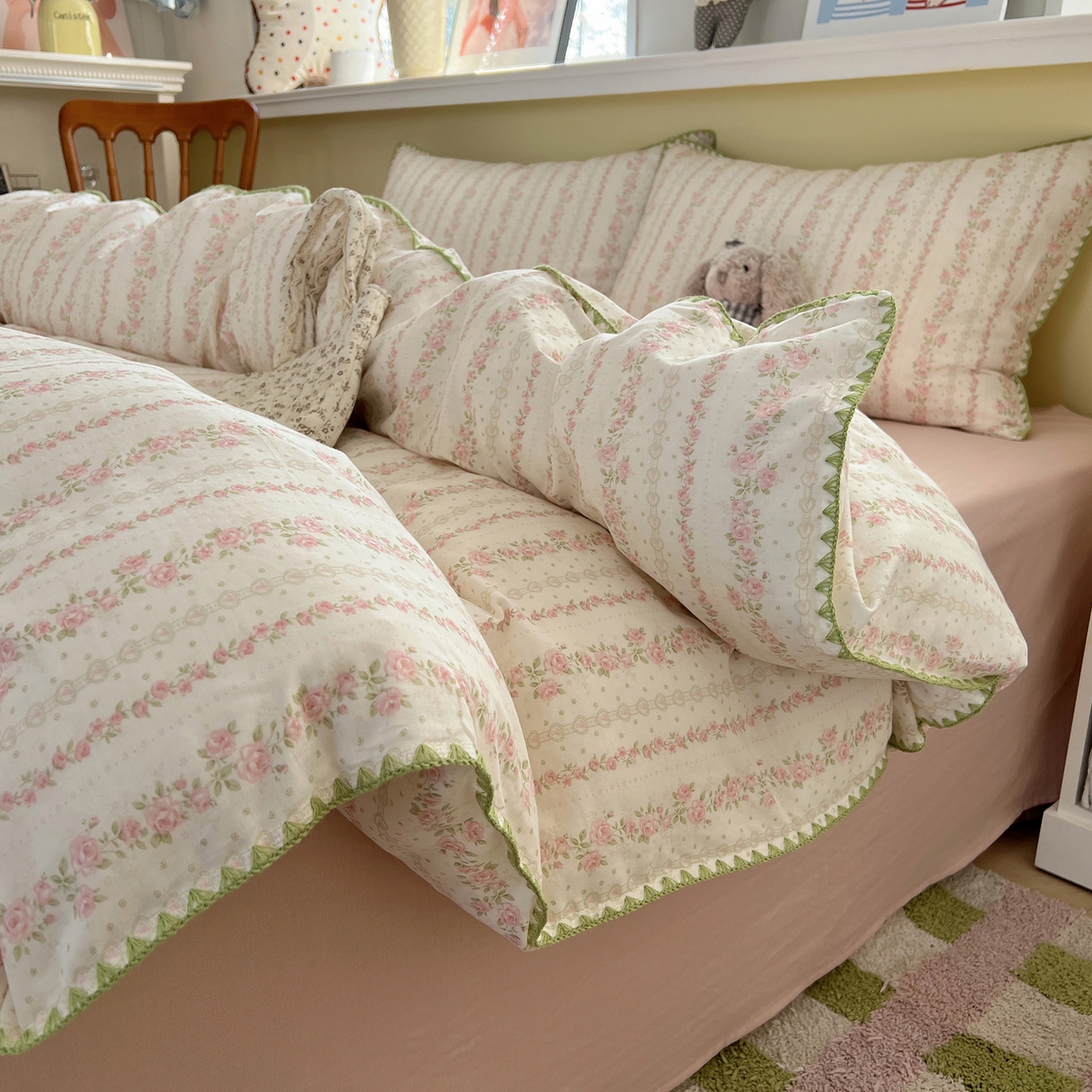 91家纺网 家纺一手货源 找家纺 典曼家纺 2026新款全棉纯棉有氧双层纱贝壳边四件套 贝壳边亭亭玉立