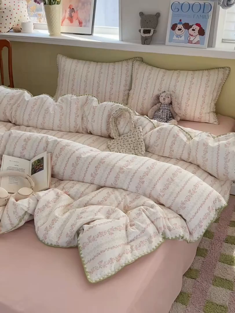 91家纺网 家纺一手货源 找家纺 典曼家纺 2026新款全棉纯棉有氧双层纱贝壳边四件套 贝壳边亭亭玉立