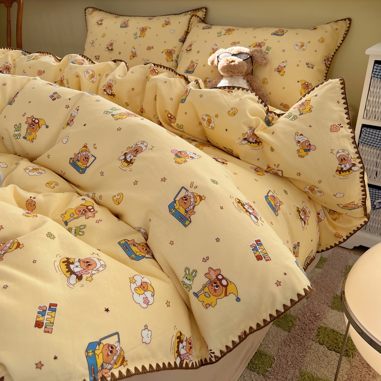 91家纺网 家纺一手货源 找家纺 典曼家纺 2026新款全棉纯棉有氧双层纱贝壳边四件套 贝壳边星星人