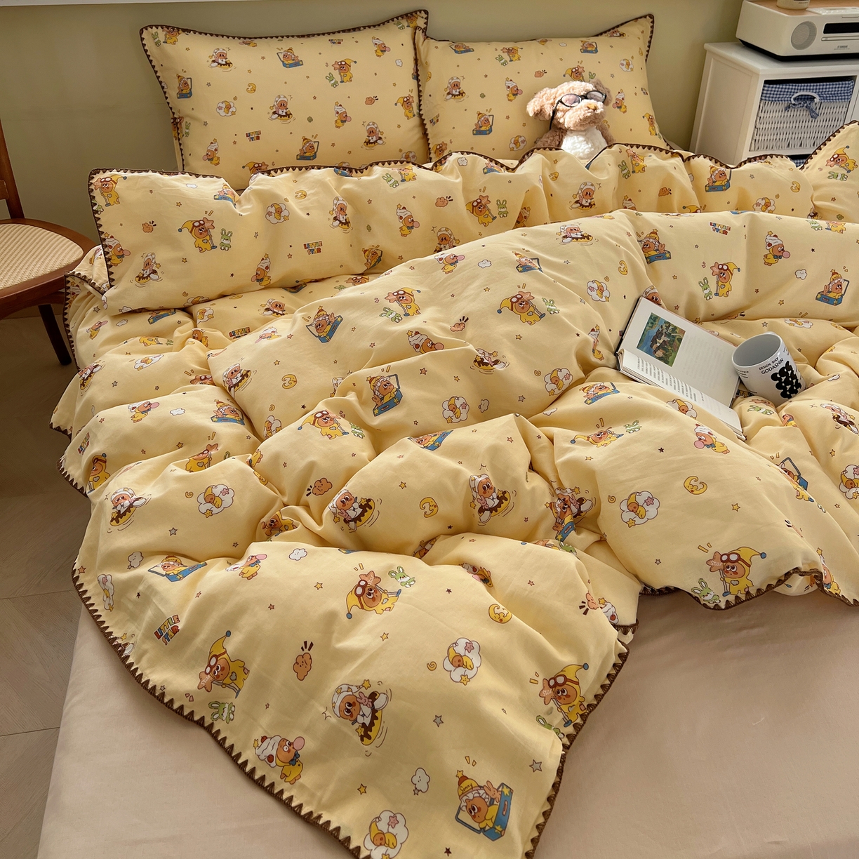 91家纺网 家纺一手货源 找家纺 典曼家纺 2026新款全棉纯棉有氧双层纱贝壳边四件套 贝壳边星星人