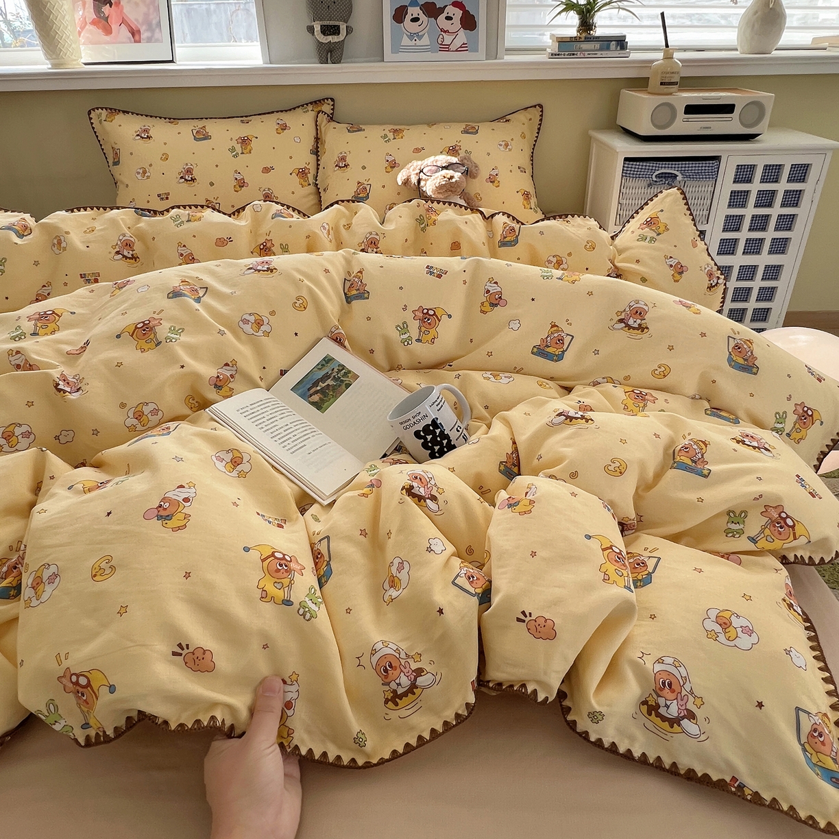 91家纺网 家纺一手货源 找家纺 典曼家纺 2026新款全棉纯棉有氧双层纱贝壳边四件套 贝壳边星星人