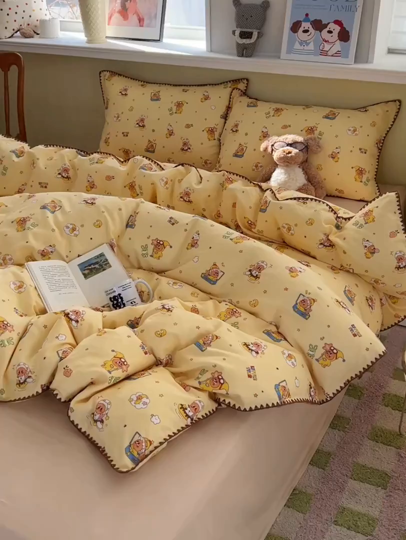 91家纺网 家纺一手货源 找家纺 典曼家纺 2026新款全棉纯棉有氧双层纱贝壳边四件套 贝壳边星星人