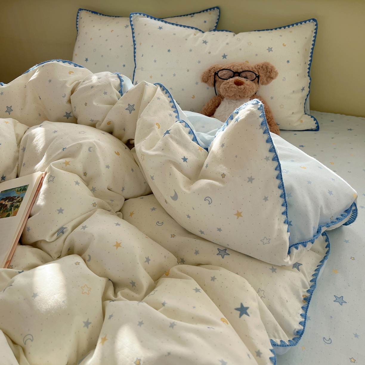 91家纺网 家纺一手货源 找家纺 典曼家纺 2026新款全棉纯棉有氧双层纱贝壳边四件套 贝壳边星月