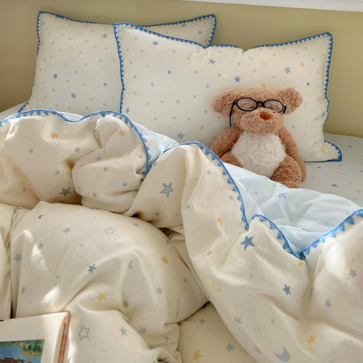 91家纺网 家纺一手货源 找家纺 典曼家纺 2026新款全棉纯棉有氧双层纱贝壳边四件套 贝壳边星月