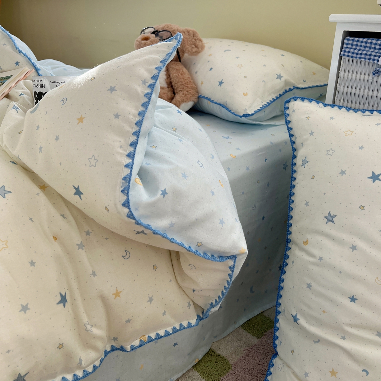 91家纺网 家纺一手货源 找家纺 典曼家纺 2026新款全棉纯棉有氧双层纱贝壳边四件套 贝壳边星月