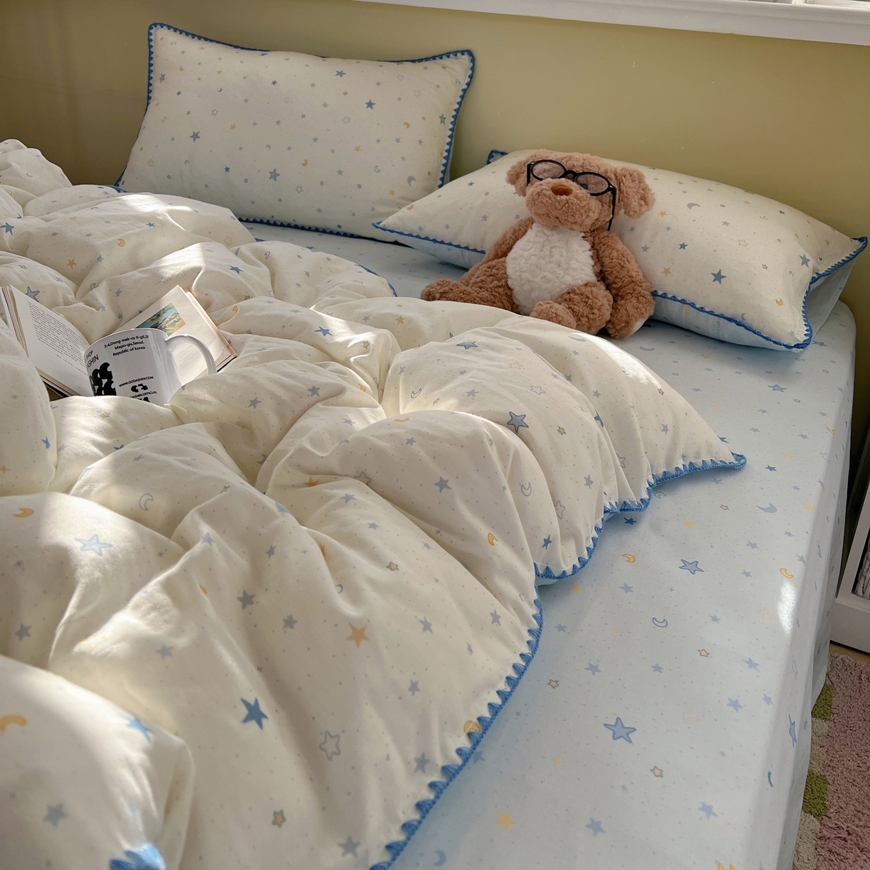 91家纺网 家纺一手货源 找家纺 典曼家纺 2026新款全棉纯棉有氧双层纱贝壳边四件套 贝壳边星月