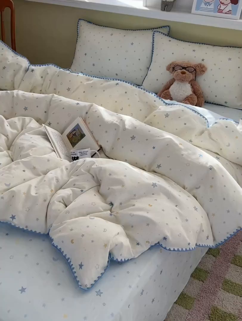 91家纺网 家纺一手货源 找家纺 典曼家纺 2026新款全棉纯棉有氧双层纱贝壳边四件套 贝壳边星月