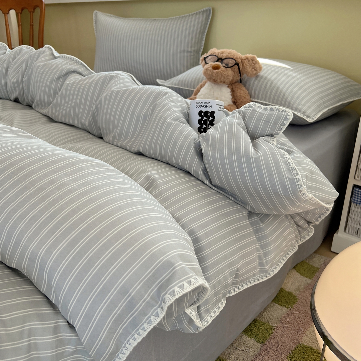 91家纺网 家纺一手货源 找家纺 典曼家纺 2026新款全棉纯棉有氧双层纱贝壳边四件套 贝壳边休闲条纹