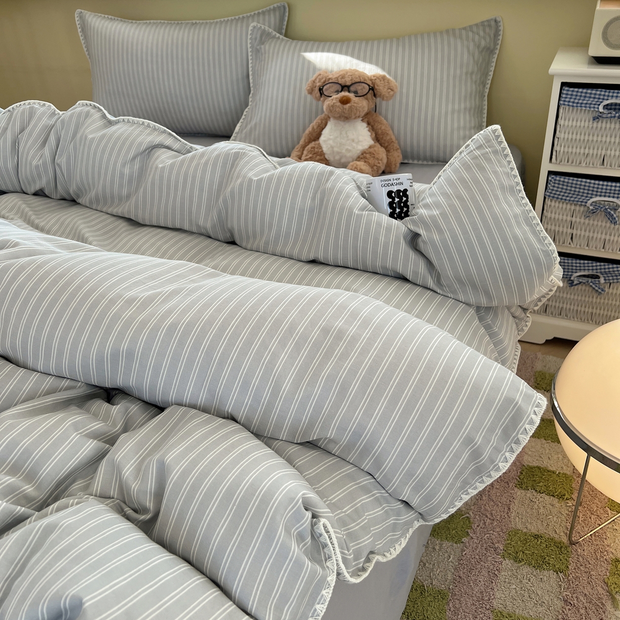 91家纺网 家纺一手货源 找家纺 典曼家纺 2026新款全棉纯棉有氧双层纱贝壳边四件套 贝壳边休闲条纹