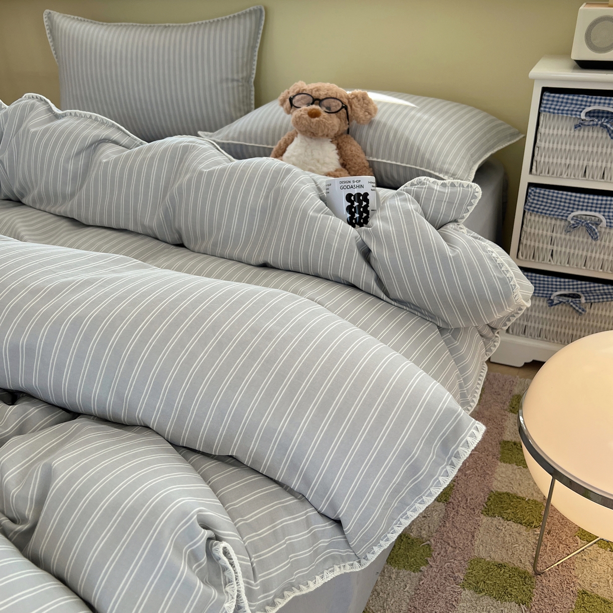 91家纺网 家纺一手货源 找家纺 典曼家纺 2026新款全棉纯棉有氧双层纱贝壳边四件套 贝壳边休闲条纹