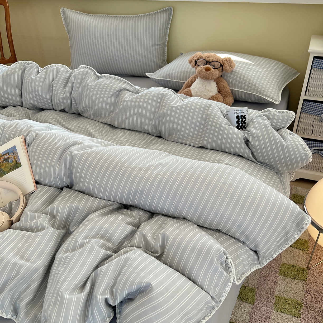 91家纺网 家纺一手货源 找家纺 典曼家纺 2026新款全棉纯棉有氧双层纱贝壳边四件套 贝壳边休闲条纹