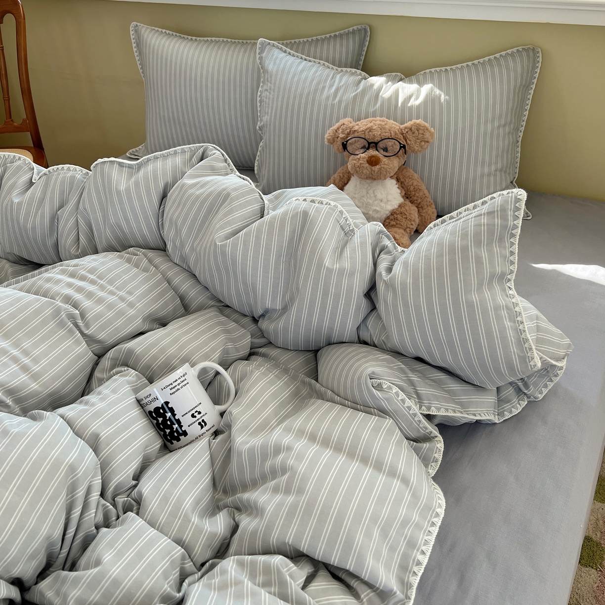 91家纺网 家纺一手货源 找家纺 典曼家纺 2026新款全棉纯棉有氧双层纱贝壳边四件套 贝壳边休闲条纹