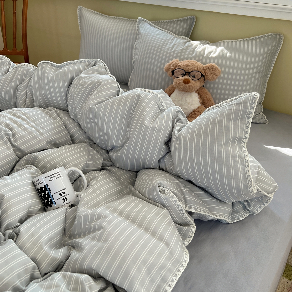 91家纺网 家纺一手货源 找家纺 典曼家纺 2026新款全棉纯棉有氧双层纱贝壳边四件套 贝壳边休闲条纹