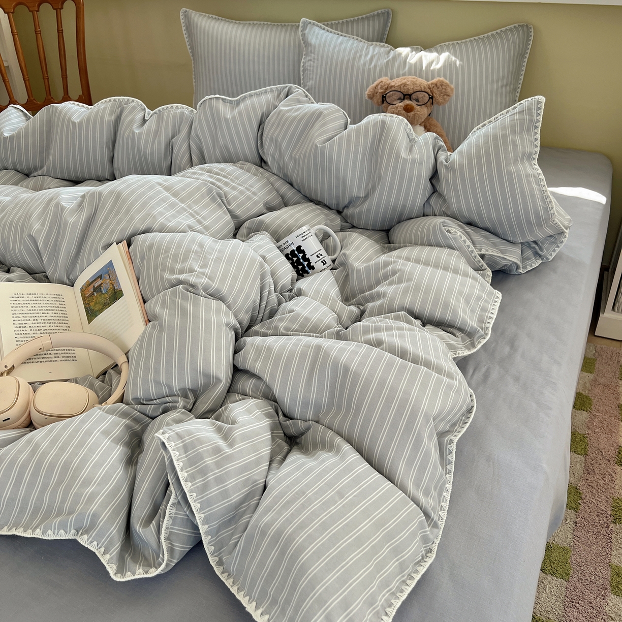 91家纺网 家纺一手货源 找家纺 典曼家纺 2026新款全棉纯棉有氧双层纱贝壳边四件套 贝壳边休闲条纹