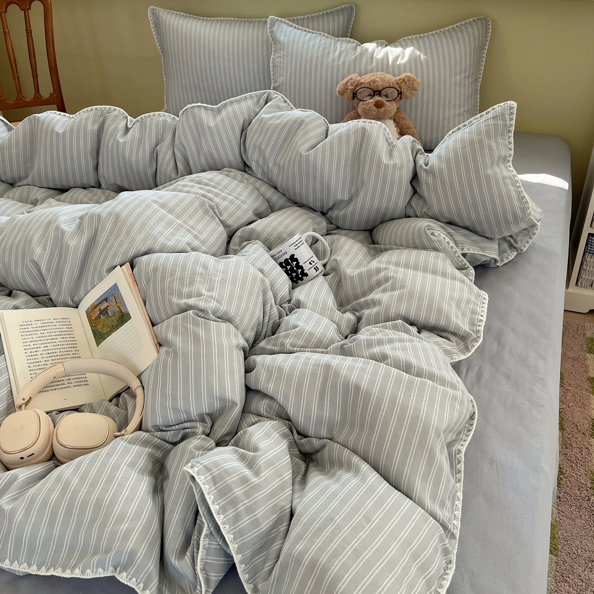 91家纺网 家纺一手货源 找家纺 典曼家纺 2026新款全棉纯棉有氧双层纱贝壳边四件套 贝壳边休闲条纹