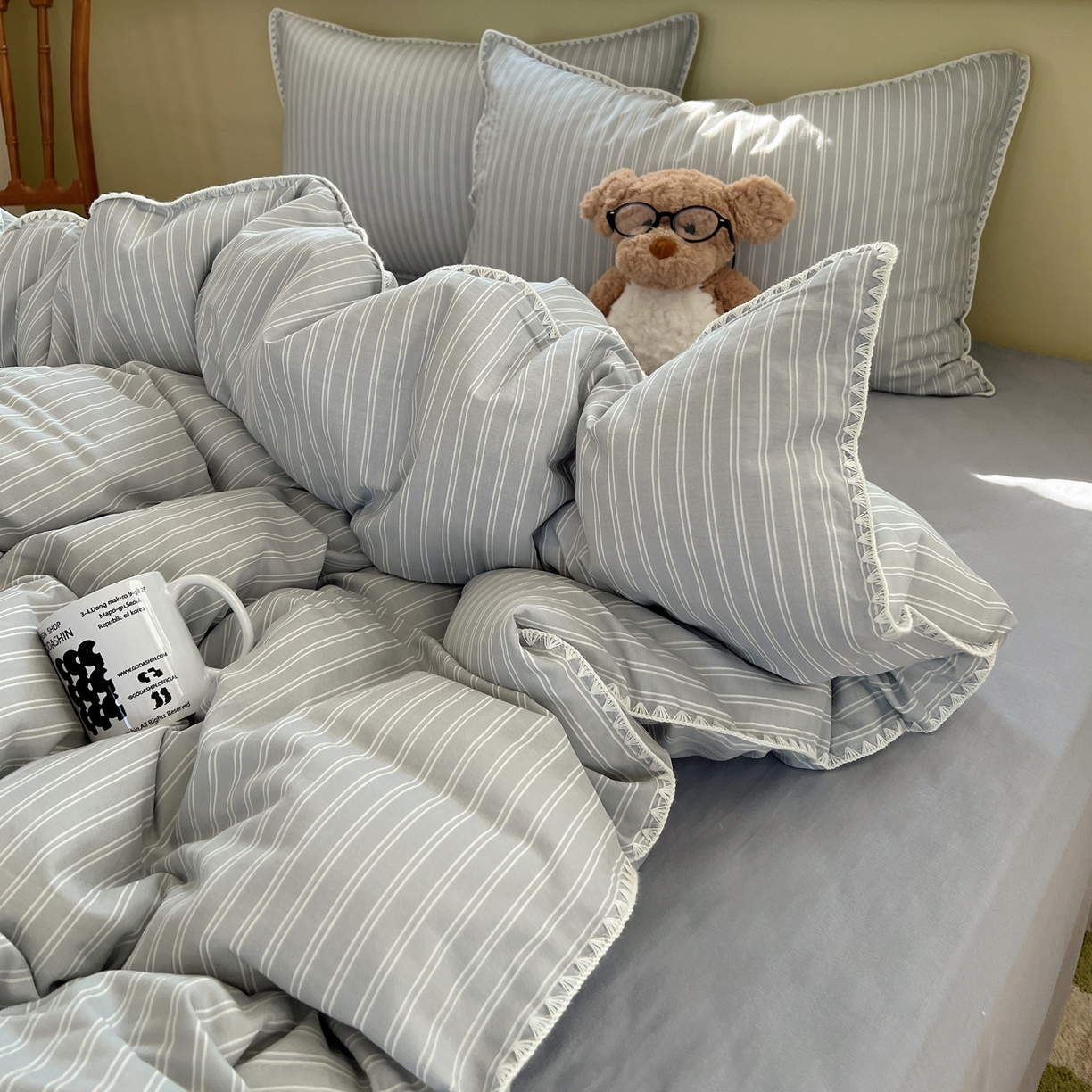 91家纺网 家纺一手货源 找家纺 典曼家纺 2026新款全棉纯棉有氧双层纱贝壳边四件套 贝壳边休闲条纹