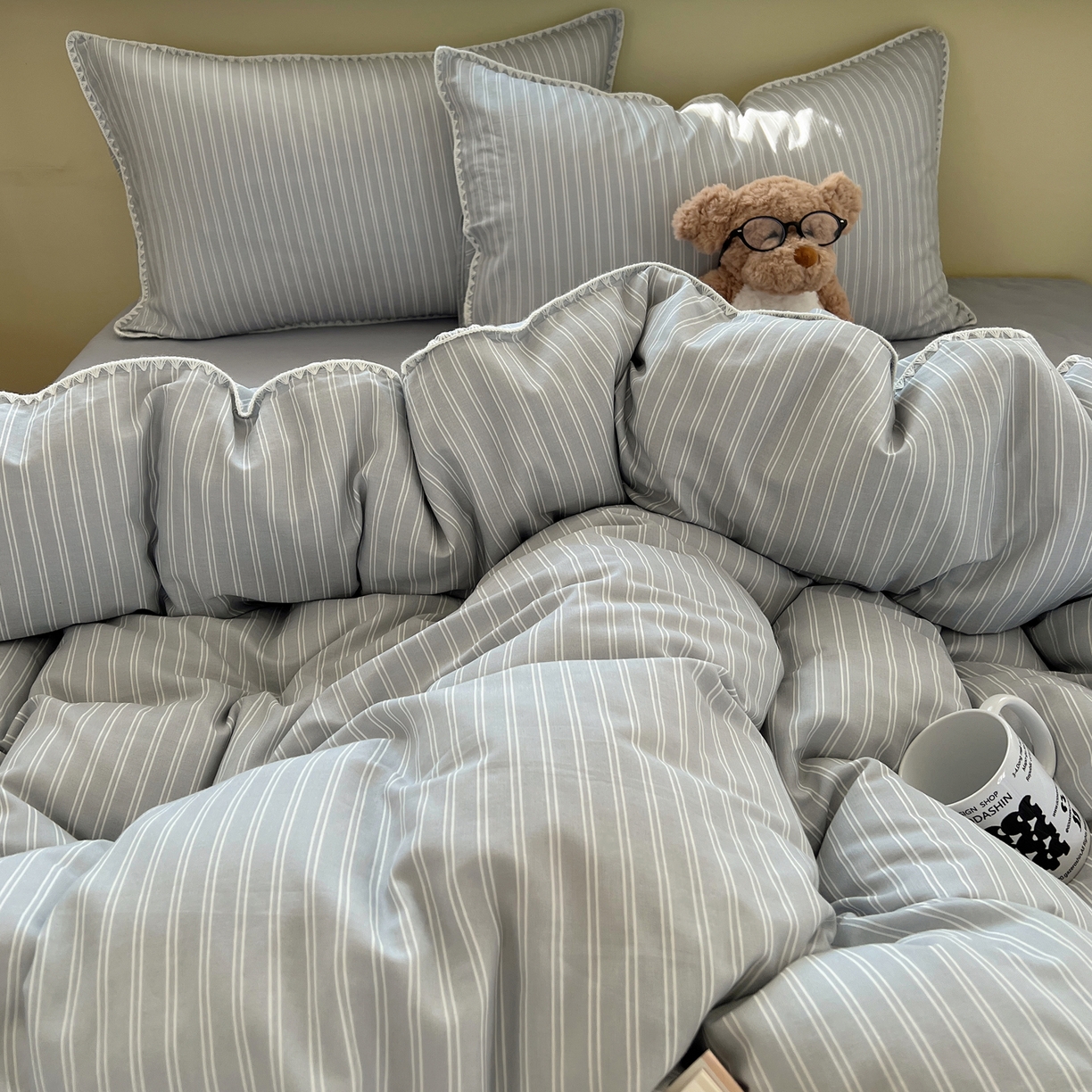 91家纺网 家纺一手货源 找家纺 典曼家纺 2026新款全棉纯棉有氧双层纱贝壳边四件套 贝壳边休闲条纹