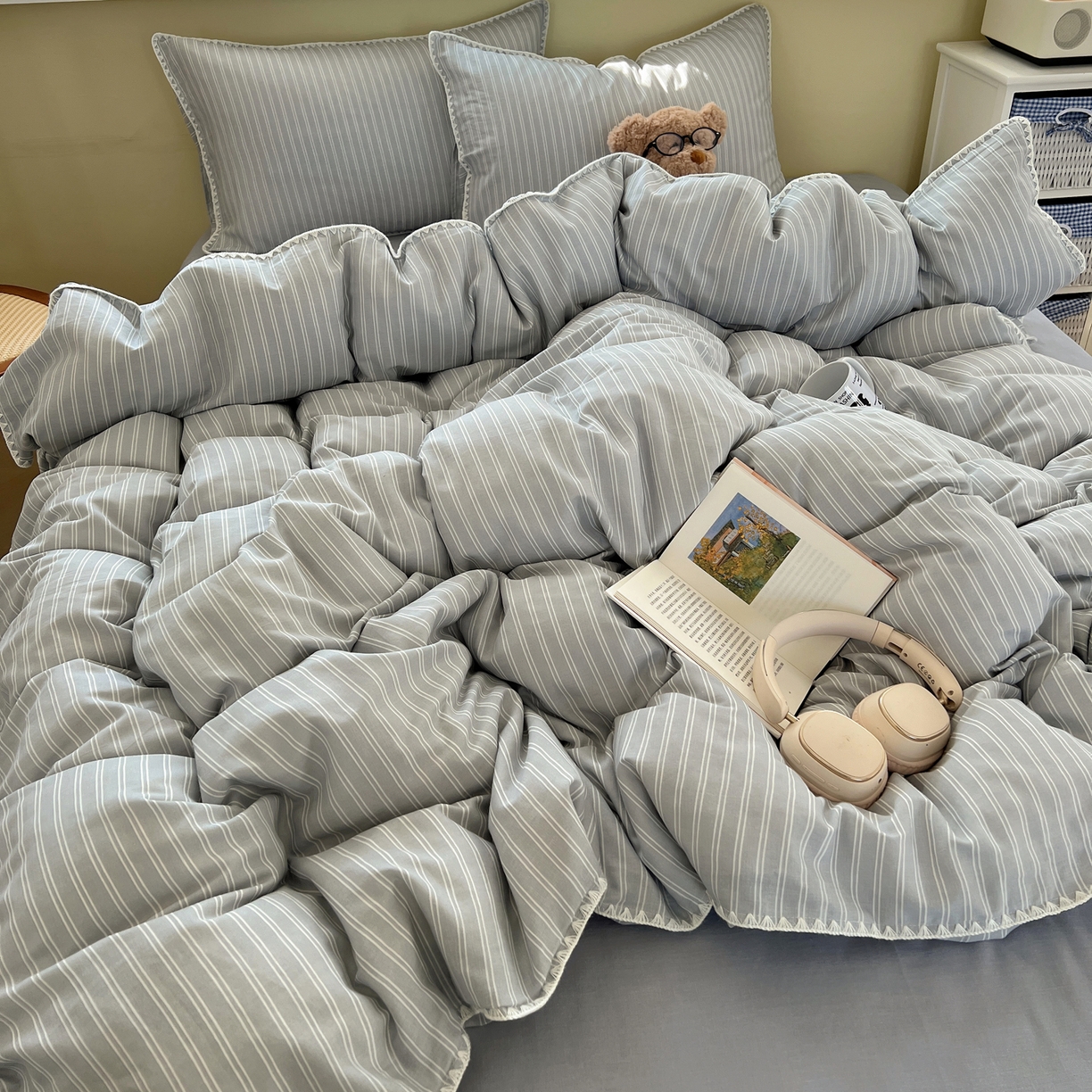 91家纺网 家纺一手货源 找家纺 典曼家纺 2026新款全棉纯棉有氧双层纱贝壳边四件套 贝壳边休闲条纹