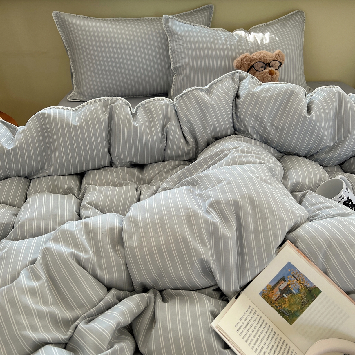 91家纺网 家纺一手货源 找家纺 典曼家纺 2026新款全棉纯棉有氧双层纱贝壳边四件套 贝壳边休闲条纹