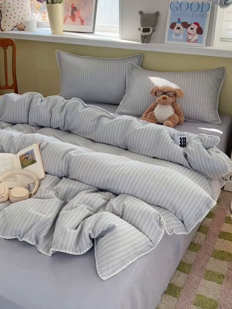 91家纺网 家纺一手货源 找家纺 典曼家纺 2026新款全棉纯棉有氧双层纱贝壳边四件套 贝壳边休闲条纹