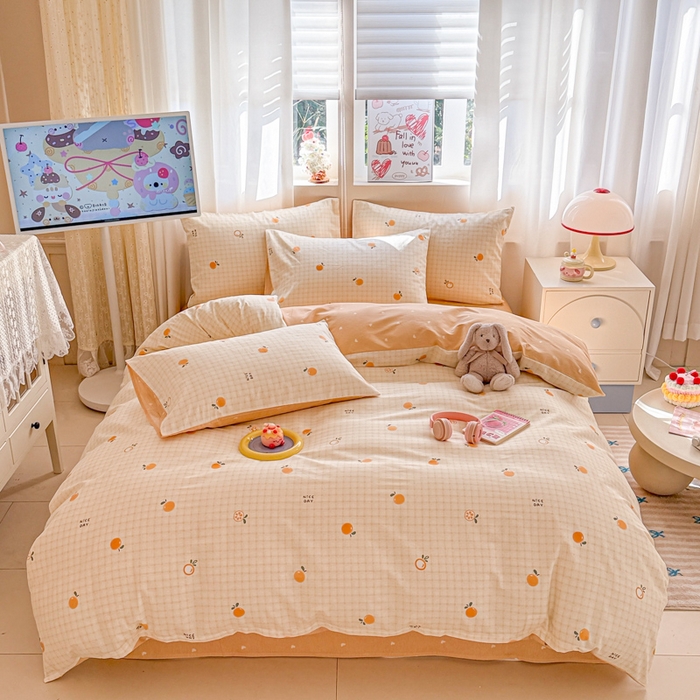 91家纺网 家纺一手货源 找家纺 典曼家纺 2026新款全棉印花四件套-系列二 橘子格