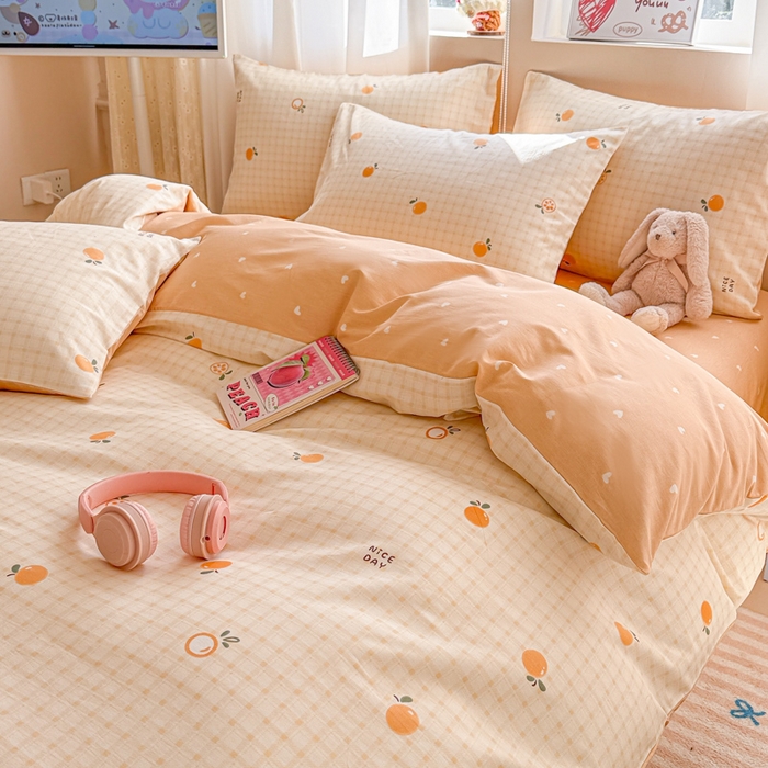 91家纺网 家纺一手货源 找家纺 典曼家纺 2026新款全棉印花四件套-系列二 橘子格