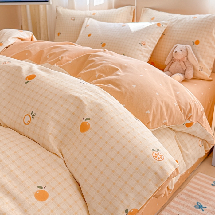 91家纺网 家纺一手货源 找家纺 典曼家纺 2026新款全棉印花四件套-系列二 橘子格