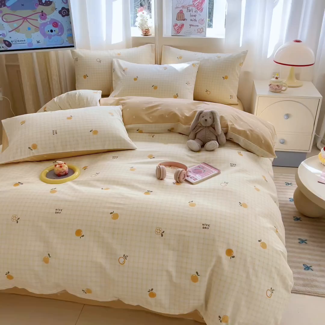 91家纺网 家纺一手货源 找家纺 典曼家纺 2026新款全棉印花四件套-系列二 橘子格