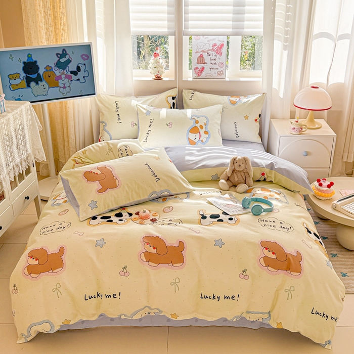 91家纺网 家纺一手货源 找家纺 典曼家纺 2026新款全棉印花四件套-系列二 奶油羞羞狗