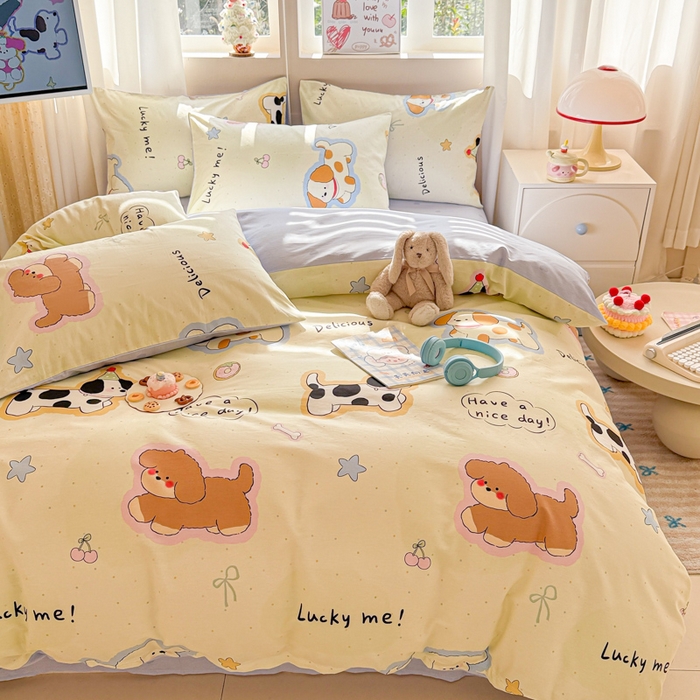 91家纺网 家纺一手货源 找家纺 典曼家纺 2026新款全棉印花四件套-系列二 奶油羞羞狗