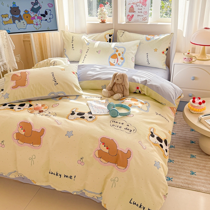 91家纺网 家纺一手货源 找家纺 典曼家纺 2026新款全棉印花四件套-系列二 奶油羞羞狗