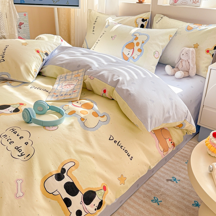 91家纺网 家纺一手货源 找家纺 典曼家纺 2026新款全棉印花四件套-系列二 奶油羞羞狗