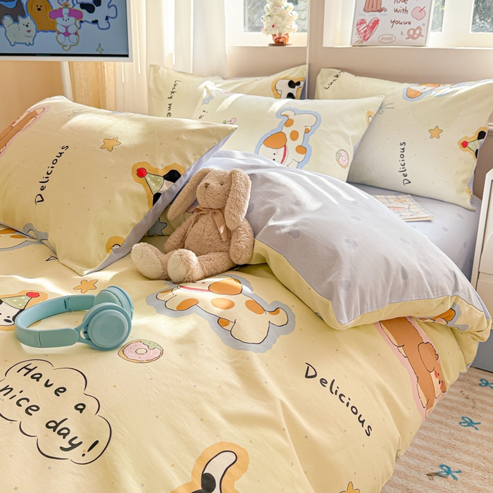 91家纺网 家纺一手货源 找家纺 典曼家纺 2026新款全棉印花四件套-系列二 奶油羞羞狗