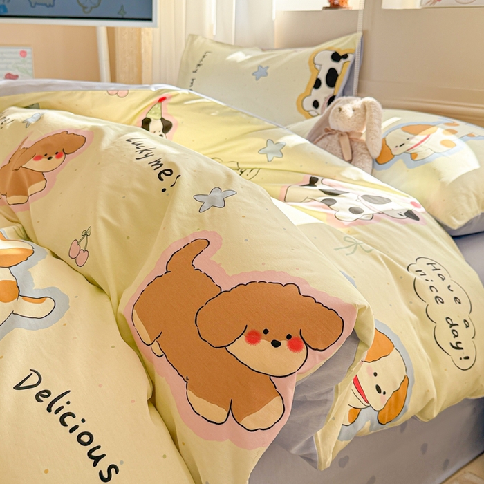 91家纺网 家纺一手货源 找家纺 典曼家纺 2026新款全棉印花四件套-系列二 奶油羞羞狗