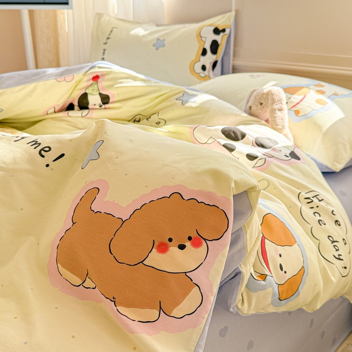 91家纺网 家纺一手货源 找家纺 典曼家纺 2026新款全棉印花四件套-系列二 奶油羞羞狗