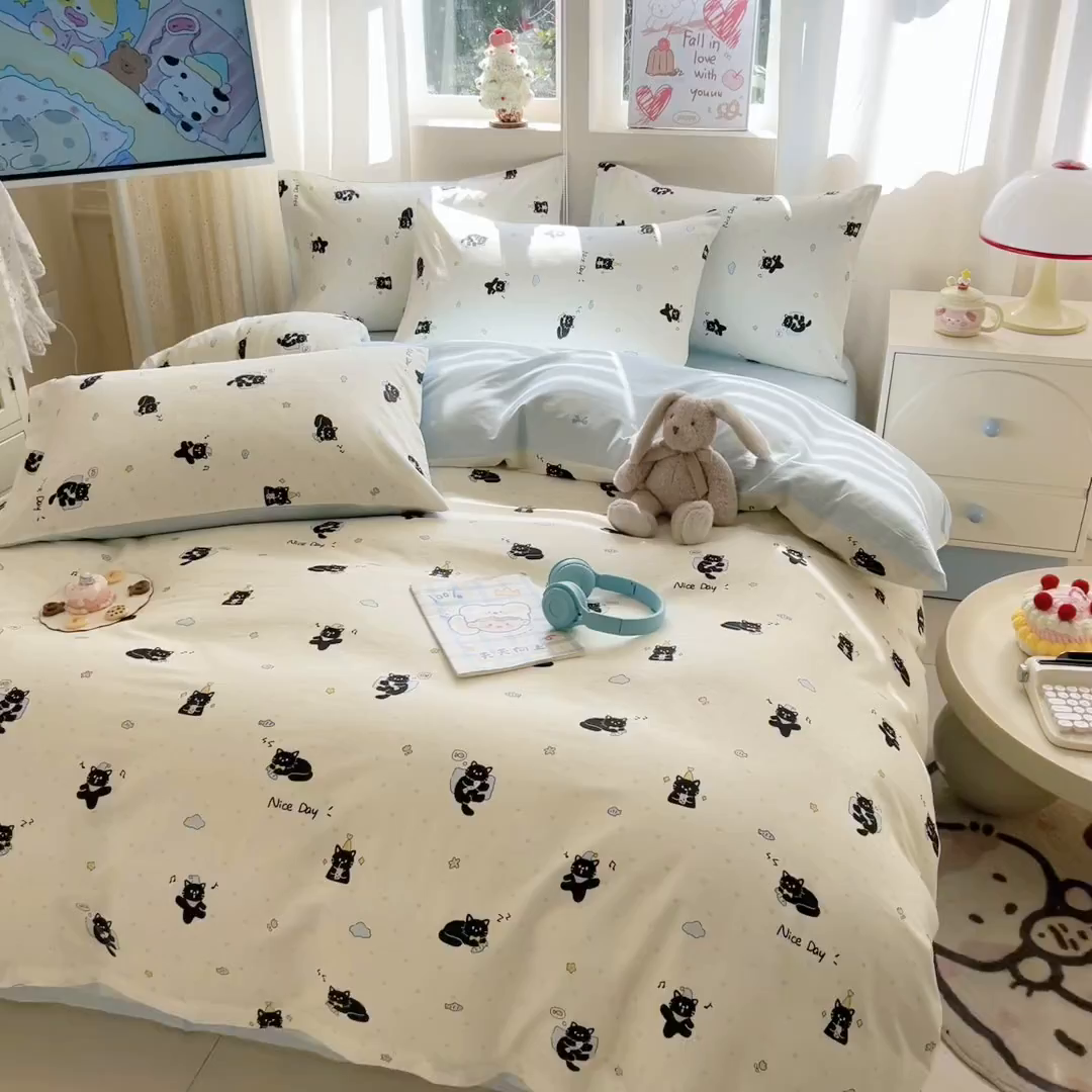 91家纺网 家纺一手货源 找家纺 典曼家纺 2026新款全棉印花四件套-系列二 贪睡猫