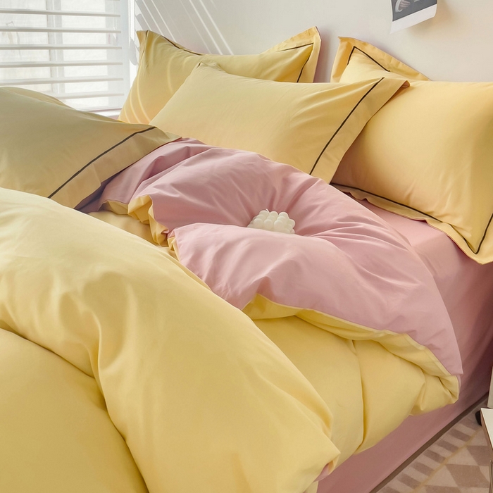 91家纺网 家纺一手货源 找家纺 （总）锦彩家居 2026新款40支正宗13372双拼纯色全棉四件套酒店宾馆民宿学生三件套（可定制）标准号的床单是圆角吊边；小号和加大的床单都是直角