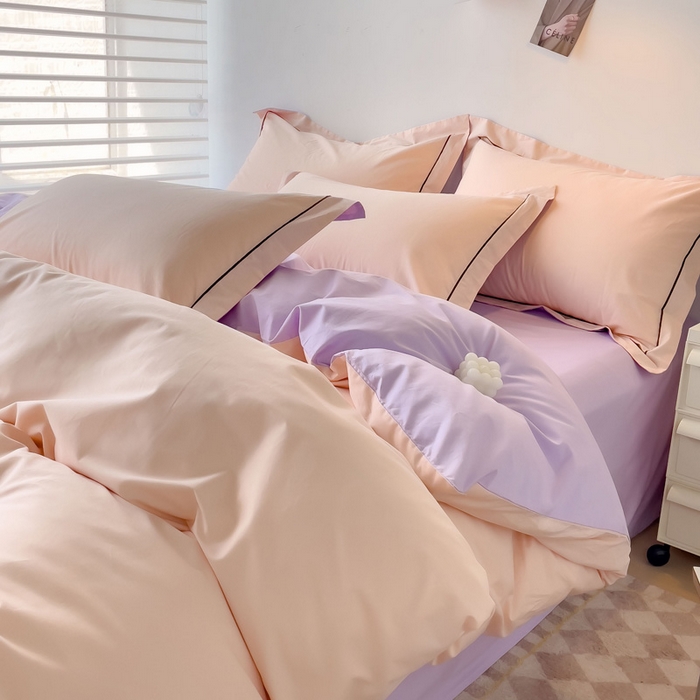 91家纺网 家纺一手货源 找家纺 （总）锦彩家居 2026新款40支正宗13372双拼纯色全棉四件套酒店宾馆民宿学生三件套（可定制）标准号的床单是圆角吊边；小号和加大的床单都是直角